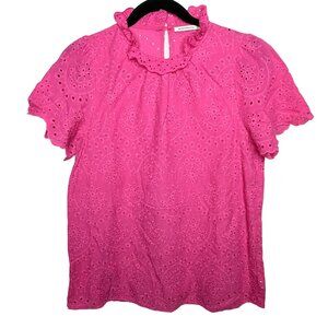 Staccato Pink Eyelet Lace Ruffle Neck Short Sleeve Blouse Top Small